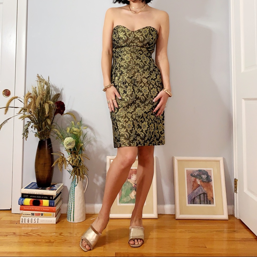 Vintage Metallic Gold Print Strapless Dress Sz 4